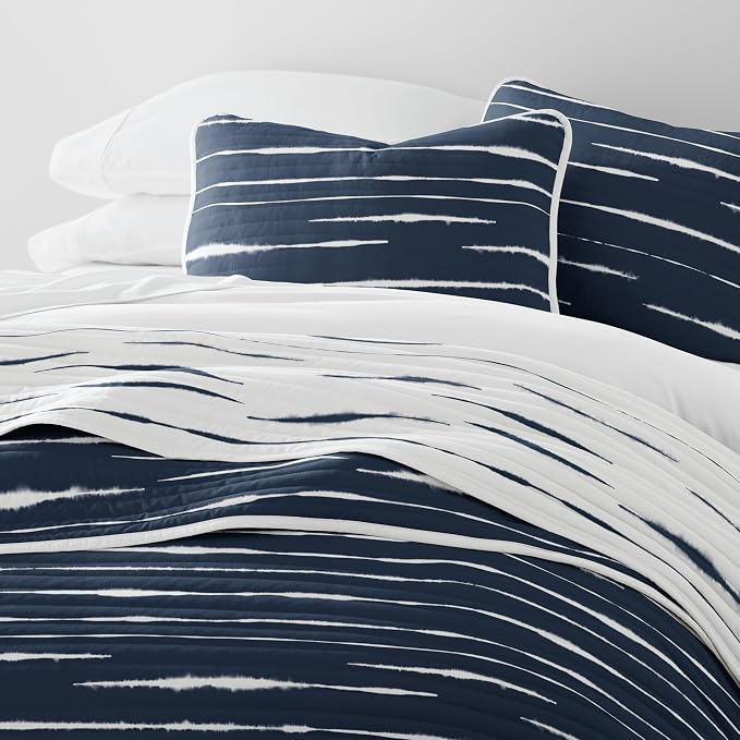 Merit Linens Soft Quilt Coverlet Bedding Set - Reversible Patterns - Full/Queen Navy