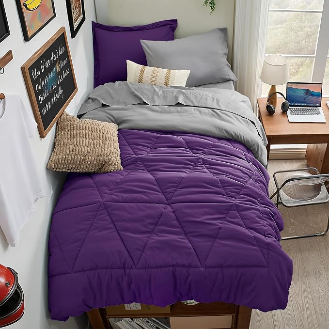 BEDELITE Twin XL Comforter Set 5 Pieces, Reversible Purple Bed in A Bag | Soft All Season Down-Alternative Comforter, Sheets, Pillowcases & Shams, OEKO-TEX Certified Bedding for Drom Room, College