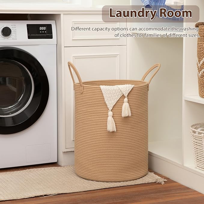 OIAHOMY 60L Nursery Hamper Laundry Basket Laundry Hamper Yellow | collapsible Blanket Basket Cotton Rope Woven Basket Dirty Clothes Hamper Baby Hamper Tall Clothes Hamper with Handles