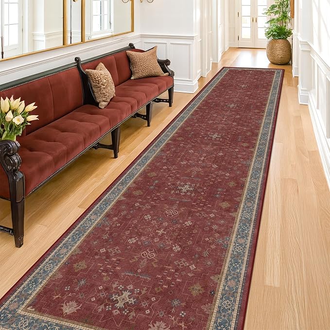 Non Slip 10ft Long Hallway Runner Rug Burgundy - 2 x 10 Runner Rug, Washable & Waterproof 2x10 Kitchen Floor Mat - Oriental Turkish Dark Red Design Décor