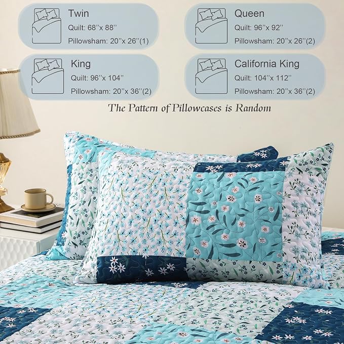 Whale Flotilla Patchwork Quilts Queen Size, Extra Soft Floral Bedspreads | Blue Reversible Lightweight Full Queen Quilt Bedding Set for Bed, Printed Coverlets with 2 Pillow Shams for All Seasons