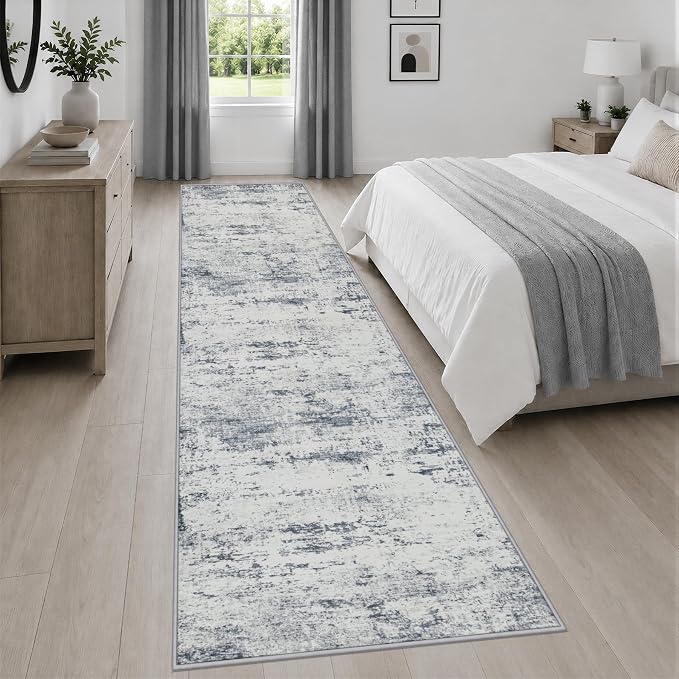 2.6x14 Washable Runner Rug:Modern Abstract Soft Carpet Blue Grey | For Hallway, Bedroom, Kitchen, Laundry, Bathroom,Door Mat,Modern Abstract,Machine washable,Non-Slip,Stain Resistant,Indoor