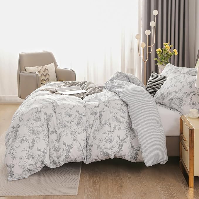OAITE King Duvet Cover Set 3pcs 100% Cotton with Grey Line Art Floral Vine | Soft, Breathable,Long-lasting,Comfort,Dual Zipper,8 Corner Ties,Easy Care for All Season