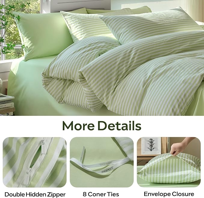 JELLYMONI 100% Cotton Printed Striped Queen Duvet Cover Set, Sage Green | Breathable and Soft, Classic Stripes, 8 Corner Ties & Double-Head Hidden Zipper, For Master or Guest Bedroom