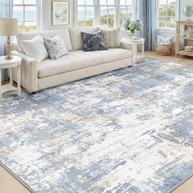 RELEANY Washable 9'x12' Abstract Area Rug for Living Room Light Blue | Carpet for Bedroom, Kitchen, Office, Hallway and Entryway, Printed Pattern, Non‑Slip, Soft, Stain‑Resistant, Easy to Clean