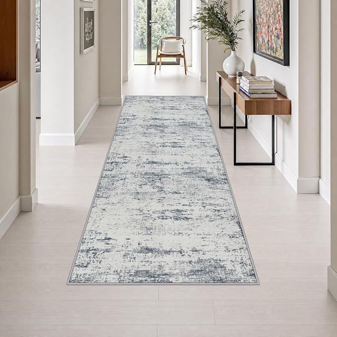 3x8 Washable Runner Rug：Modern Abstract Soft Carpet Blue Grey | For Hallway, Bedroom, Kitchen, Laundry, Bathroom,Door Mat,Modern Abstract,Machine washable,Non-Slip,Stain Resistant,Indoor