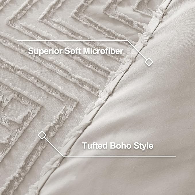 Litanika Super King Plus Comforter Set, 3 Pcs Tufted Boho Bedding Set | Linen Grey Farmhouse Shabby Chic Vintage Bohemian Textured Aesthetic Soft Fluffy Lightweight Breathable All Season Bed Set