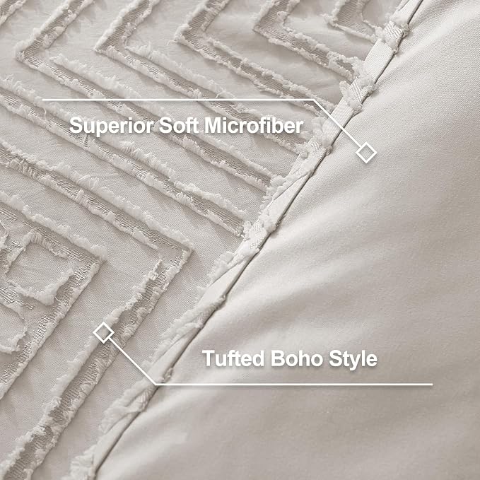 Litanika Super King Size Comforter Set, 3 Pcs Tufted Boho Bedding Set | Linen Grey Farmhouse Shabby Chic Vintage Bohemian Textured Aesthetic Soft Fluffy Lightweight Breathable All Season Bed Set