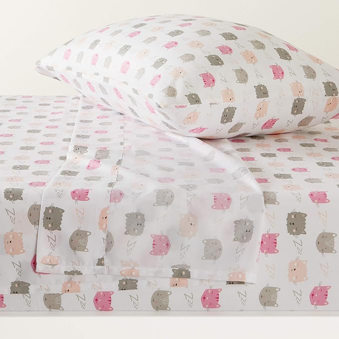 Amazon Basics Kid's Soft Easy-Wash Lightweight Microfiber 3-Piece Sheet Set, Toddler, Pink Kitties