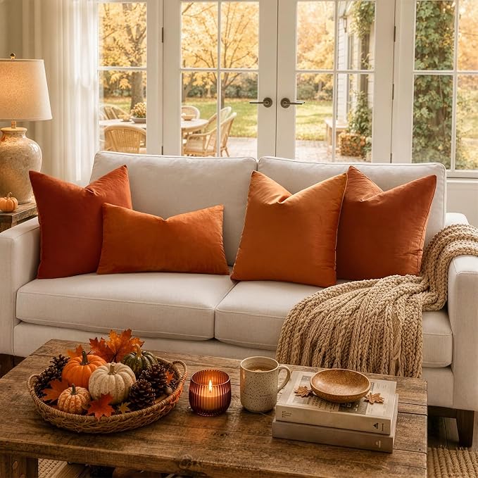 MIULEE 26x26 Inch Pack of 2 Euro Fall Velvet Throw Pillow Covers Orange | Soft Solid Decorative Euro Sham, Modern Luxury Home Decor, for King Bed Sofa Couch Bedroom Livingroom