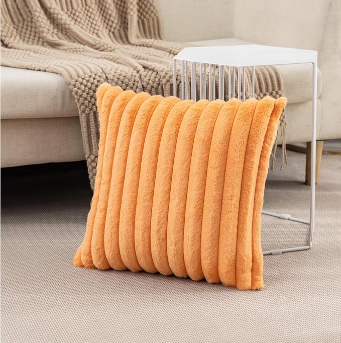 ZLINA Orange Striped Faux Fur Throw Pillow Covers 18 x 18 Inch | 2‑Pack, boho striped pillow covers,velvet back,fuzzy plush cushion covers , for sofa bed livingroom home decor