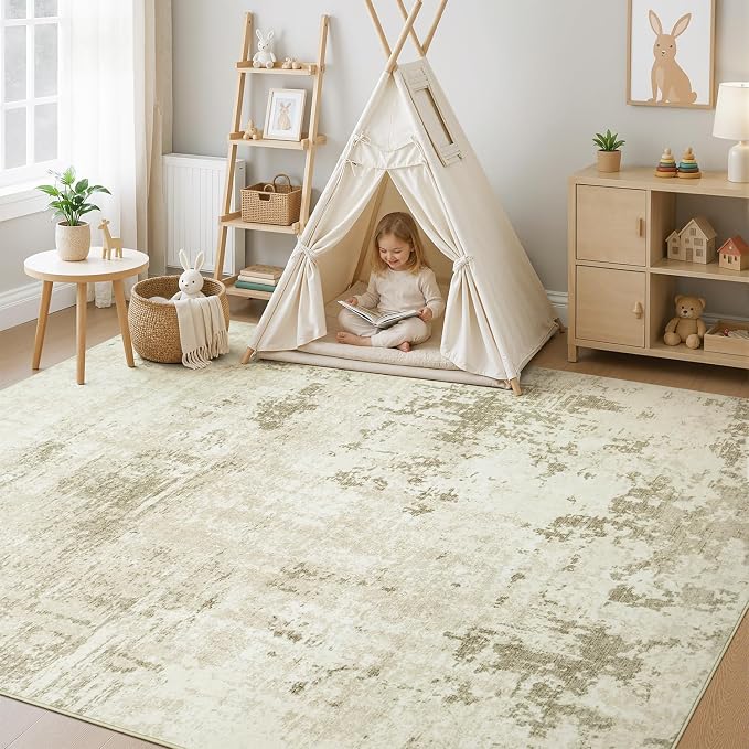 Rugflix 8x10 Area Rugs for Living Room, Washable Linen Beige Large Rug | Machine Washable; Stain-Resistant; Low Pile; Non-Slip; Modern Abstract; Carpet for Bedroom Dining Office Nursery Home