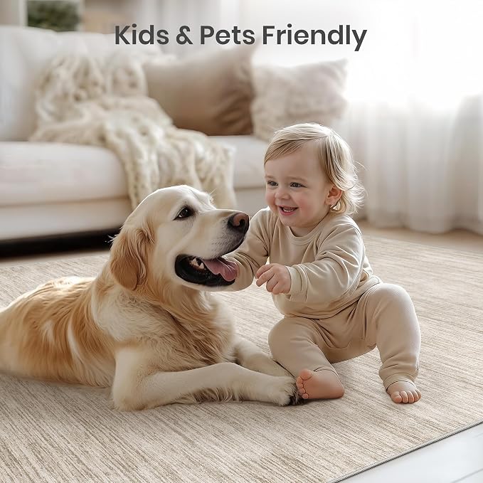 Washable Rugs 5x7, Non Slip Large Area Rugs for Living Room, Brown | Soft Low Pile, Thin & Lighweight Carpet, Folable Stain Resistant Modern Indoor Floor Mat for Bedroom, Dining Room, Home Decor