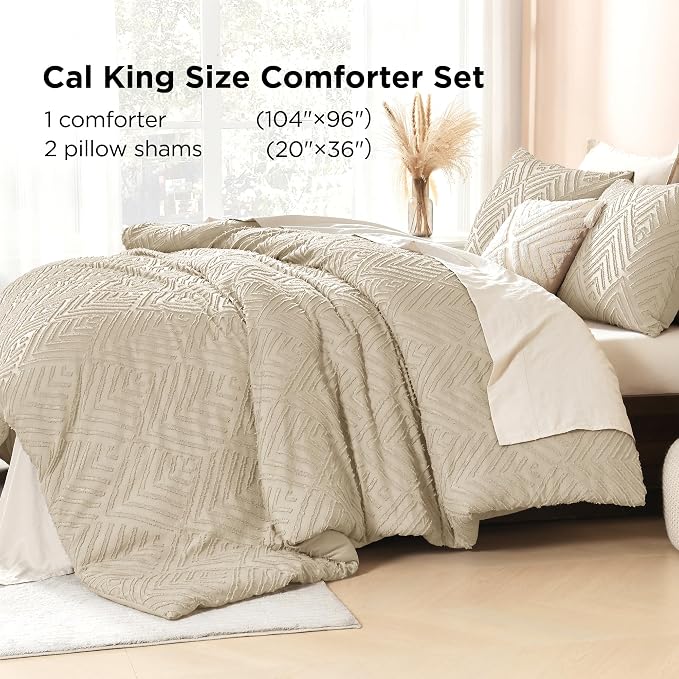 Litanika California King Comforter Set, 3 Pcs Khaki Tufted Boho Bedding Set | Farmhouse Shabby Chic Vintage Bohemian Textured Aesthetic Soft Fluffy Lightweight Breathable All Season Bed Set