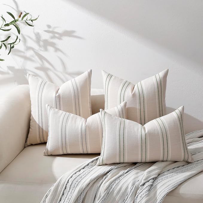 Hckot Grey Decorative Throw Pillow Covers 16x16 Set of 2 Boho Pillow Covers | Striped Farmhouse Pillows Textured Linen Square Cushion Covers for Sofa Couch Bed Living Room Decor(Light Grey)