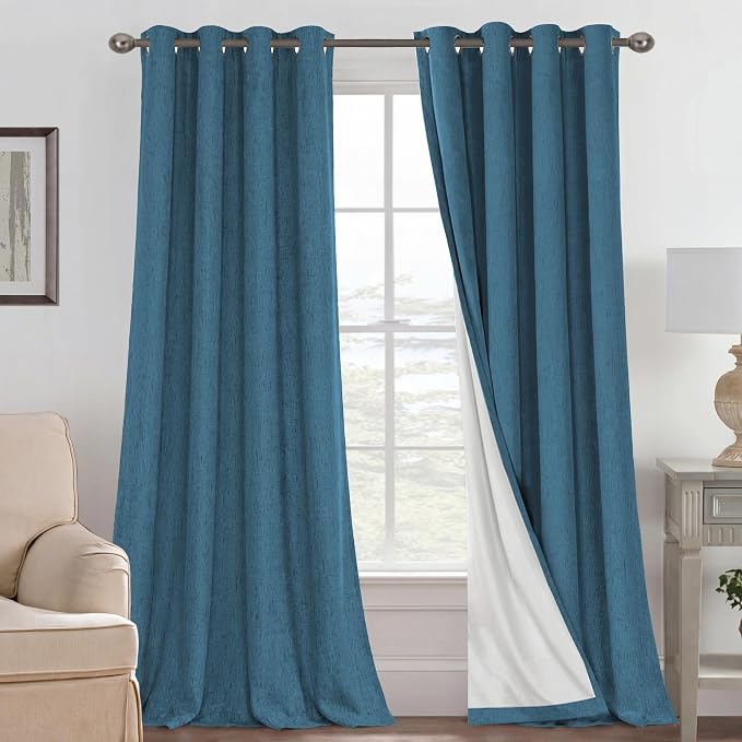 H.VERSAILTEX Blackout Curtains Linen Curtains 120 inches Long 100% Black Out Curtains for Bedroom Windows, Textured Linen Look Draperies Grommet with White Liner, 2 Panels, Blue Sapphire