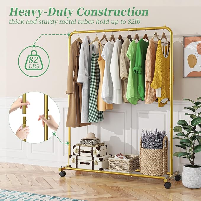 Simple Trending Standard Clothes Clothing Garment Rack with Storage Shelves, Rolling Clothes Organizer on Wheels for Hanging Clothes, Gold (Pack of 2)