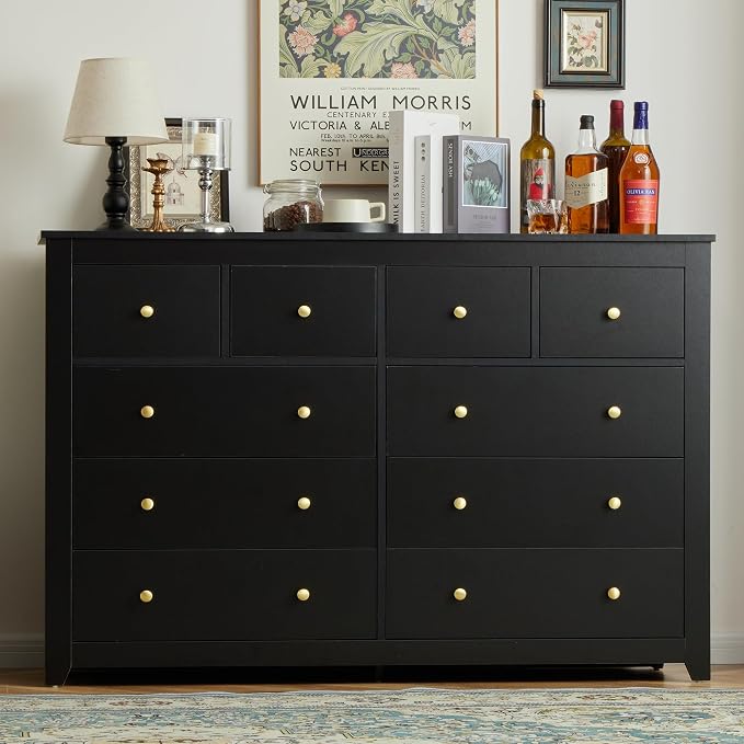 EnHomee Black Dresser for Bedroom with 10 Drawer, Multi-Layer Organization | Modern Wood Chest, 52"W TV Stand Versatile for Living Room Entryway Closet, Metal Frame and Handles, Smooth Glides, Anti-Tip