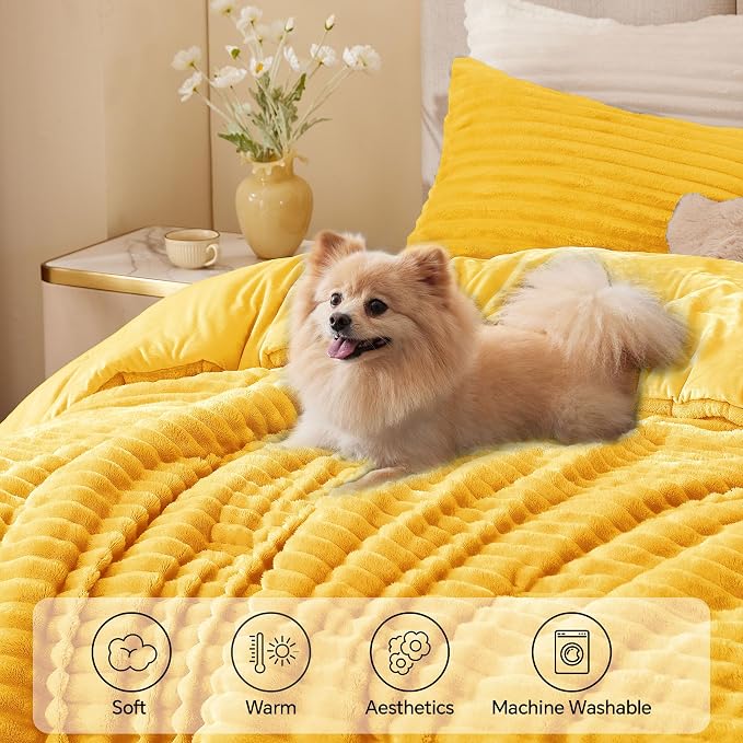 BEDELITE Fleece Twin/Twin XL Comforter Set, Fluffy Bed Set, Bright Yellow | Super Soft & Warm Bedding, Luxury Fuzzy Faux Fur Comforter for Winter, Heavy Plush Bedding, with 1 Pillowcase