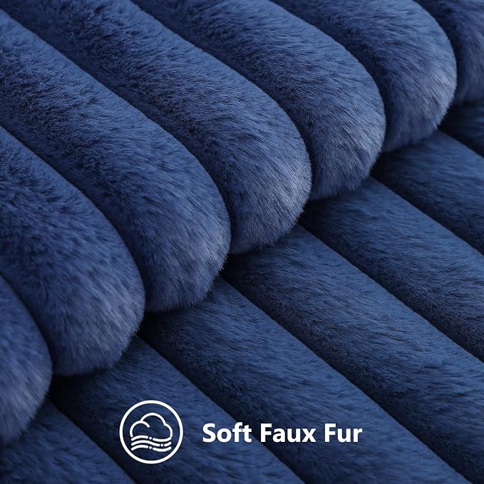 decorUhome Fall Faux Fur Throw Pillow Covers 24x24 Set of 2 Navy Blue | Decorative Soft Cozy Striped Plush Modern Farmhouse Boho Couch Pillow Cases Velvet Back for Sofa Bed Living Room Home Decor