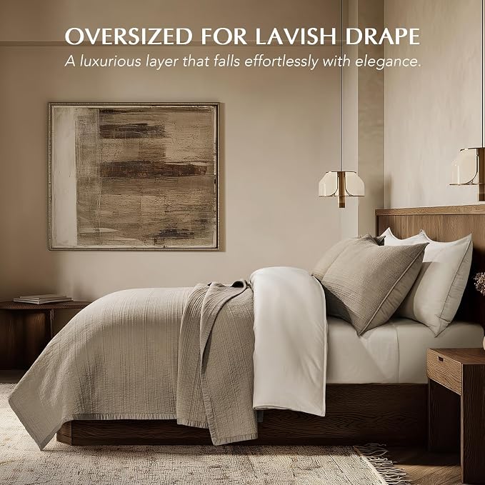 EVERGRACEHOME Cotton Sateen Channel Quilt Set, King Size, Stone Taupe | 100% Cotton, Pre-Washed Soft Coverlet Bedspread, 3-Piece Refined Channel Stitch Bedding Set for All Season, 2 Pillow Shams
