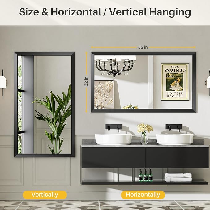 Black Metal Framed Bathroom Wall Mirror, 55x32 Inch | Anti-rust, HD tempered glass, for bathroom vanity, bedroom, living room, horizontal or vertical mount