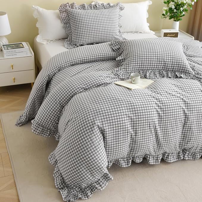 Silnuo Gray/White Gingham Plaid Ruffle 3-Piece Duvet Cover Set Queen Size | 100% Washed Cotton Shabby Gingham Plaid Bedding Set Farmhouse Comforter Set(Queen,Gray/White)