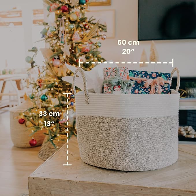 OrganiHaus Round Toy Basket & Blanket Basket, Cotton Rope 20x13" | Brown / Off-White - Round Cotton Rope Basket, 20x13"