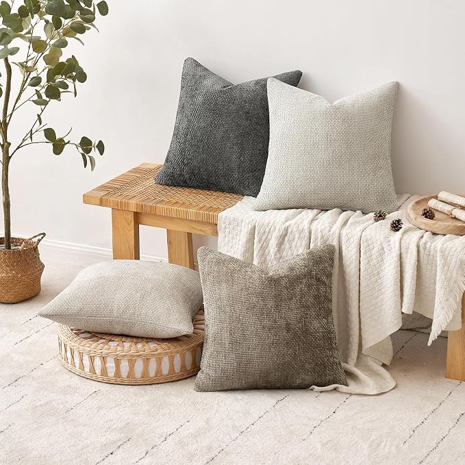 MIULEE Soft Decorative Chenille Euro Pillow Covers Neutral 24x24 Pack of 4 | Mid Century Modern Decor, Cream to Charcoal Set, Couch Throw Pillows, Farmhouse Boho Cushion Covers for Sofa Bed Living Room