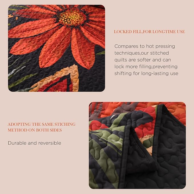 Andency Oversized King Quilt Set Black, 128x120 Floral Super King Bedspread | 3 Pieces Red Boho Flower Botanical Summer Bedspreads with 2 Shams, Reversible Polyester Coverlet Set for All Seasons