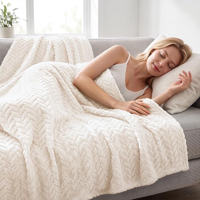 Exclusivo Mezcla Soft Fleece Bed Blanket Queen Size, 90”x90”, Off White | Cozy Fluffy Lightweight Blankets for Summer, Decorative Plush Flannel Throws for Living Room, Bedroom with Leaves Pattern