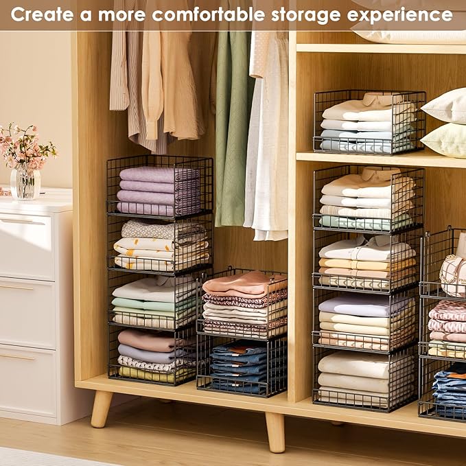 Stackable Closet Organizers and Storage Baskets, 4-Tier Closet Shelf Organizer , Space-Saving Clothes Storage Drawer, Foldable Clothes Storage Bins for Closet Organizer System, Black(Patent 30022416)