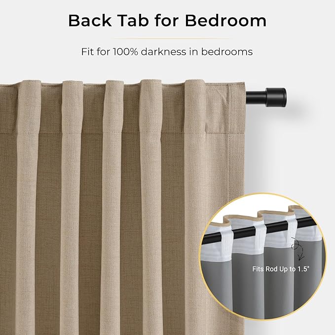 INOVADAY 100% Blackout Curtains for Bedroom Black Out Curtains 84 Inch Long | Taupe Curtains for Living Room 2 Panels, Clip Rings Linen Look Blackout Drapes, Thermal Insulated Room Darkening,W50xL84