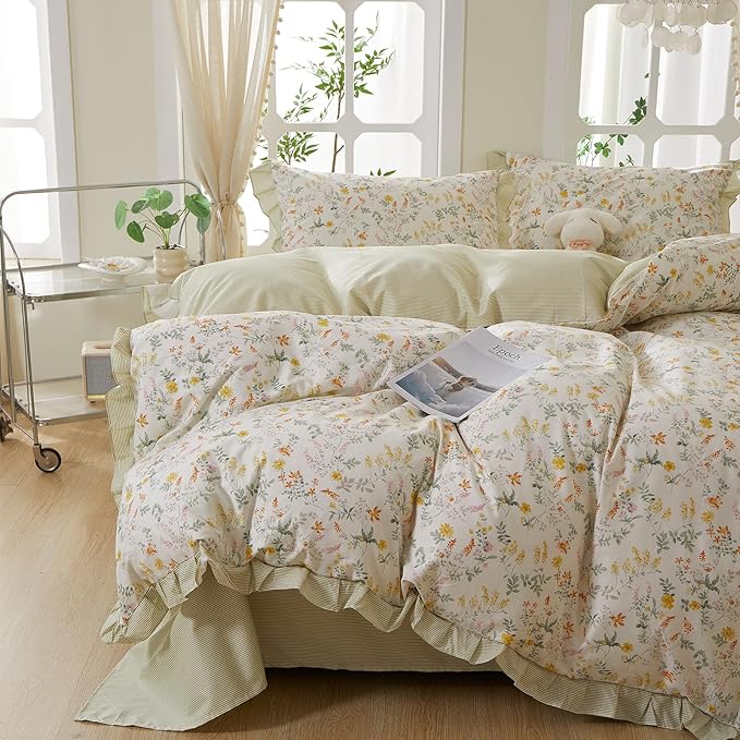 mixinni 100% Cotton Duvet Cover Set Twin XL, Reversible Spring Floral Ruffle Green Striped Bedding for Girls, French Country Cottagecore Aesthetic 3PC Duvet Cover with Zipper Closure & Pillowcases