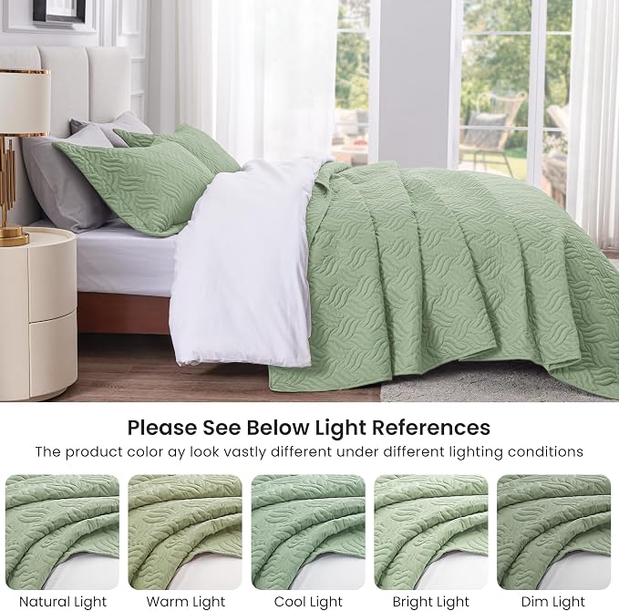Love's cabin King Size Quilt Bedding Set Sage Bedspreads - Bed Summer Lightweight Bedspread Comforter - Wave Pattern Bedding Coverlet for All Season - 3 Pieces (1 Quilt, 2 Pillow Shams)