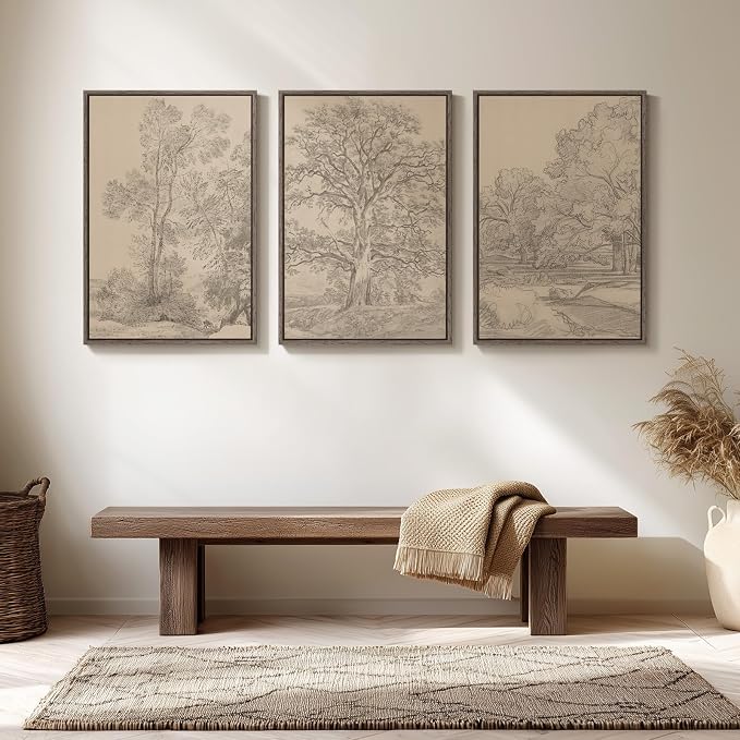 Large Framed Vintage Neutral Tree Sketch Wall Art for Living Room, 20x30 In | 3 piece, Rustic, Retro, Rustic, Canvas artwork, Nature print, Antique, Dining room wall decor, Ready to hang, Wood frame