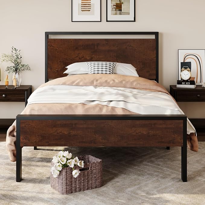 SHA CERLIN 14 Inch Twin Size Metal Platform Bed Frame with Wooden Headboard and Footboard, Mattress Foundation, No Box Spring Needed, Large Under Bed Storage, Heavy Duty Slats Support, Mahogany