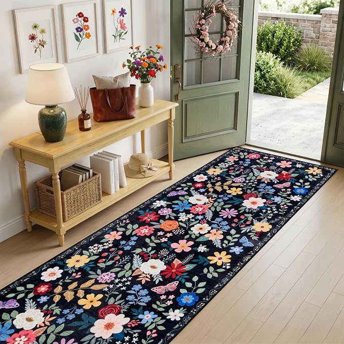 PLHXFR 2.6x14 Washable Runner Rug：Floral Indoor Kitchen Soft Carpet Black | For Hallway Bedroom Kitchen Laundry Bathroom Dorm,Vintage Floral,Machine washable,Non Slip,Stain Resistant,Indoor Floor