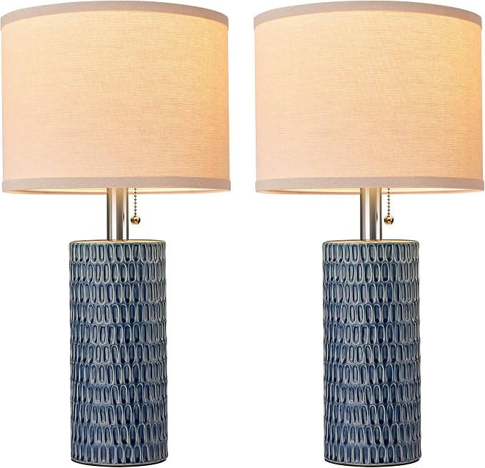 Reaketon 20.5" Modern Ceramic Table Lamps for Bedroom Set of 2, Bedside Lamps for Night Stands with Beige Lampshade, Farmhouse Table Lamp for Living Room Office Dorm, Blue