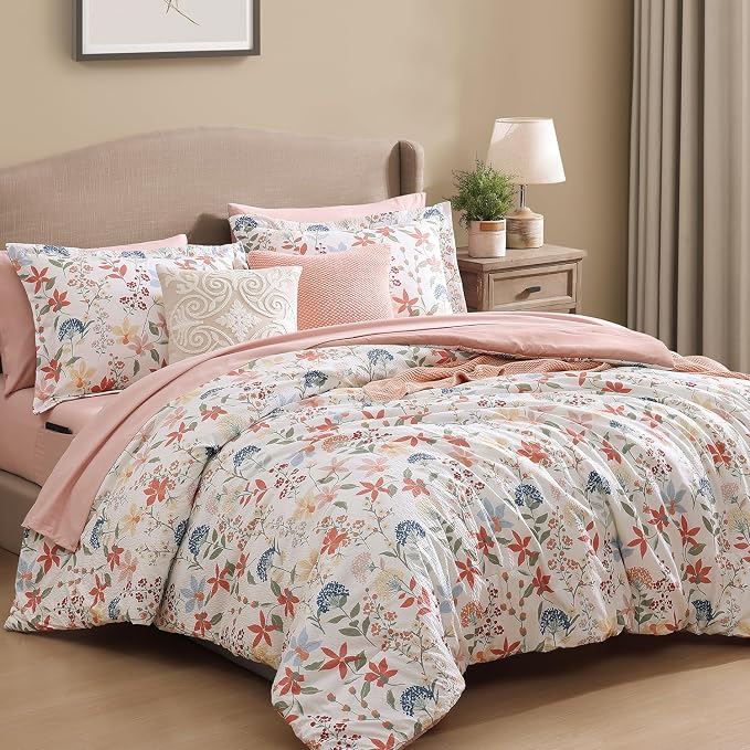 Full Size Comforter Sets - 7 Pieces Floral Bed in a Bag Full Bedding Set | Clay Pink Botanical Flowers Comforter Set with Sheets, Pillowcases & Shams for All Seasons