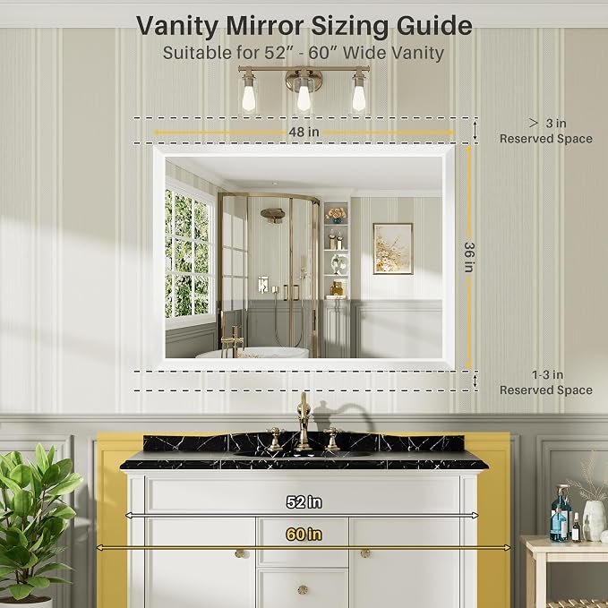 Bathroom Wall Mirror, White Metal Frame, 48x36 Inch | Anti-rust, HD tempered glass, for bathroom vanity, bedroom, living room, horizontal or vertical mount