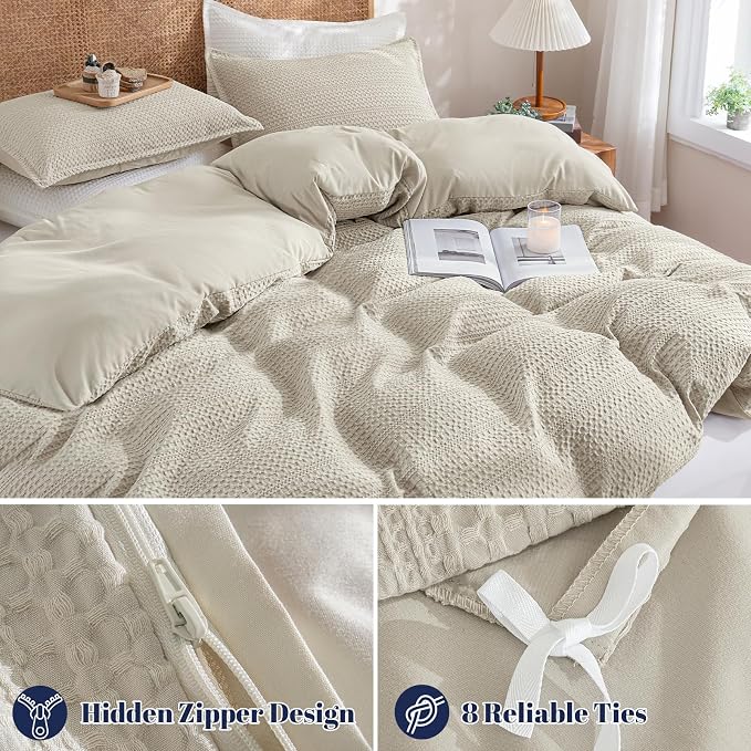 PHF Soft Waffle Duvet Cover Queen Size- Durable Breathable Waffle Weave Duvet Cover(90"x90") with 2 Pillow Shams, 3 Pieces Luxury Textured Bedding Set for All Season, Natural