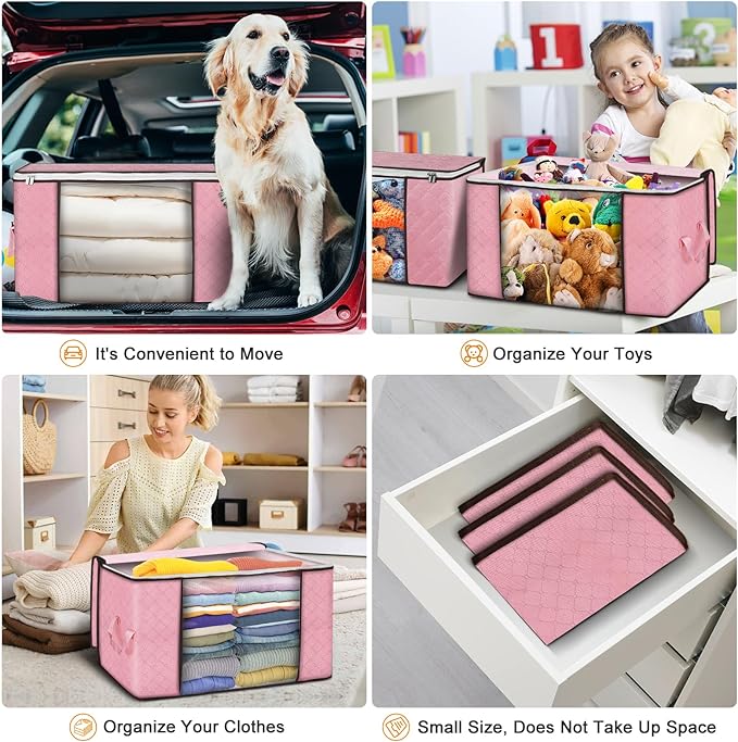 90L Large Storage Bags, 8 Pack Clothes Storage Bins Closet Organizers | Foldable Storage Containers, with Reinforced Handle, for Clothing, Blanket, Comforters, Bed Sheets, Pillows and Toys,Pink