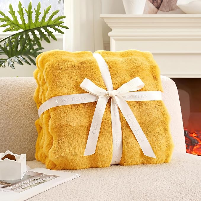 Cozy Bliss Faux Fur Throw Blanket for Couch, Fuzzy Soft Plush Thick Bubble Blanket for Sofa Bedroom Living Room, 50 * 60 Inches Yellow