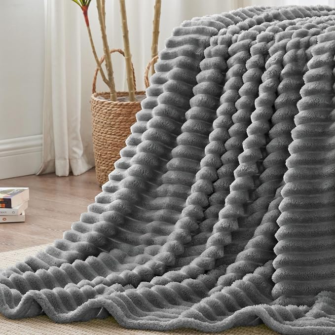 BEDELITE Ribbe Blankets Queen Size for Bed, Crey, 90"x90" | Ultra-Soft Plush Fleece, Warm Yet Lightweight, Ribbed Texture, Home Decor, Machine Washable, Giftable, All-Season Use