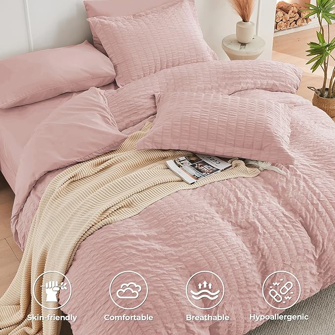 HYMOKEGE Rose Gold Oversized Queen Comforter Set Seersucker 7 Pieces, All Season Luxury Bed in a Bag for Bedroom, Bedding Set with Comforter, Sheets, Pillowcases & Shams