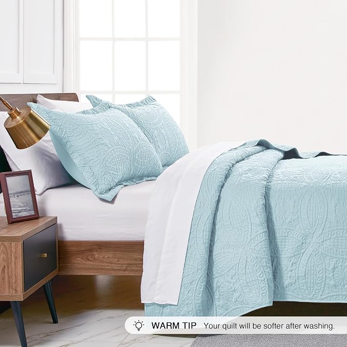 Love's cabin Twin Quilt Set Spa-Blue Bedspreads - Soft Bed Summer Lightweight Bedspread Comforter - Modern Style Coin Pattern Coverlet for All Season - 2 Pieces (1 Quilt, 1 Pillow Sham)