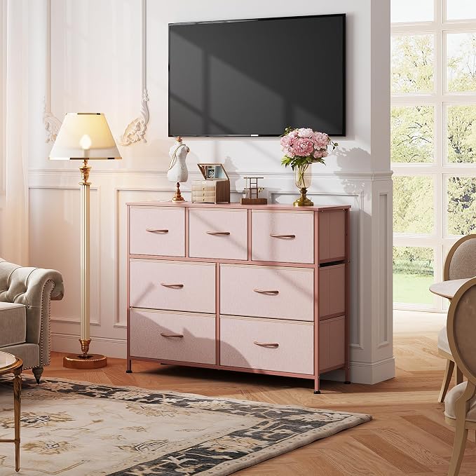 WLIVE Dresser for Bedroom, 7 Drawers, TV Stand, Pink | 7 roomy fabric drawers, Fits TVs up to 45 inch, Bedroom or living room, Wide storage design, Chest of drawers