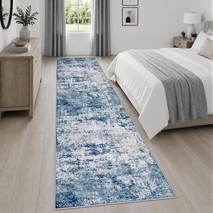 2.6x14 Washable Runner Rug:Modern Abstract Indoor Soft Carpet Blue | For Hallway, Bedroom, Kitchen, Laundry, Bathroom,Door Mat,Modern Abstract,Machine washable,Non-Slip,Stain Resistant,Indoor