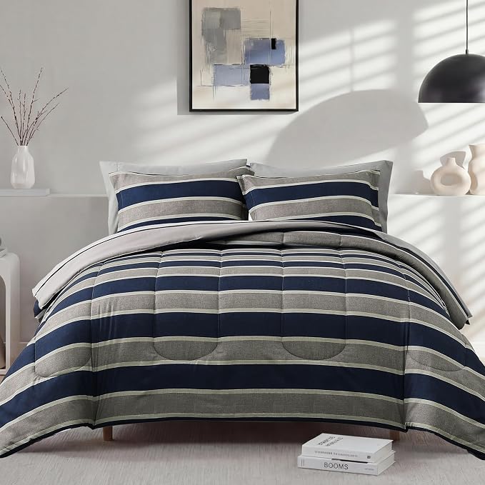Monbix Full Size Comforter Sets - 7 Pieces Bed in a Bag Full Bedding Set | All Season Grey Striped Reversible Soft Comforter Bed Set with Sheets, Pillowcases & Shams